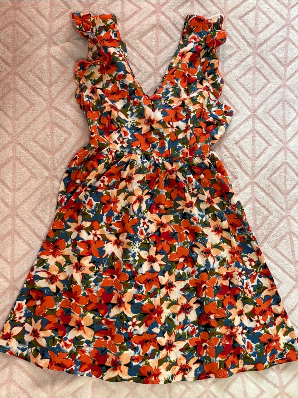 SHEIN Orange Floral Ruffle V-Neck Sundress